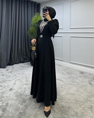 Göğsü Ve Kemeri Taşlı Abiye Siyah