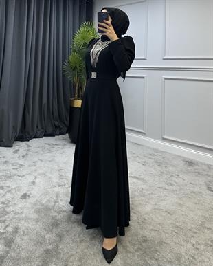 Göğsü Ve Kemeri Taşlı Abiye Siyah
