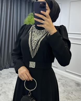 Göğsü Ve Kemeri Taşlı Abiye Siyah