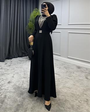 Göğsü Ve Kemeri Taşlı Abiye Siyah