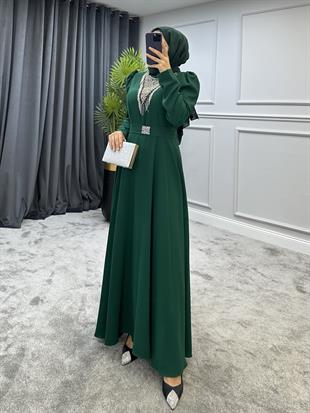 Göğsü Ve Kemeri Taşlı Abiye Yeşil