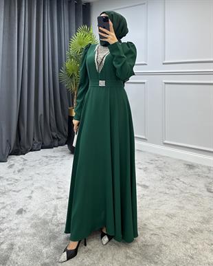 Göğsü Ve Kemeri Taşlı Abiye Yeşil