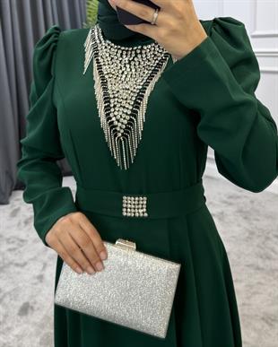 Göğsü Ve Kemeri Taşlı Abiye Yeşil