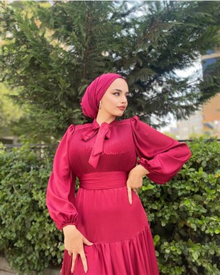 Göğüs Piliseli Saten Abiye Bordo