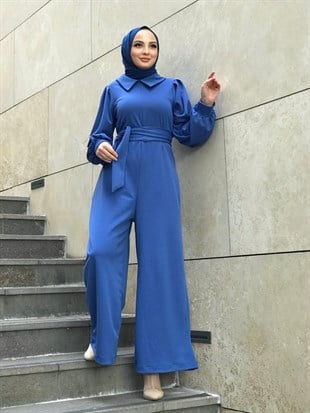 Gömlek Yaka Kuşaklı Tulum İndigo