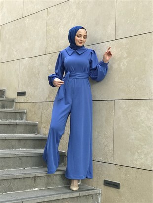 Gömlek Yaka Kuşaklı Tulum İndigo