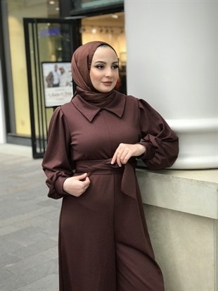 Gömlek Yaka Kuşaklı Tulum Kahverengi