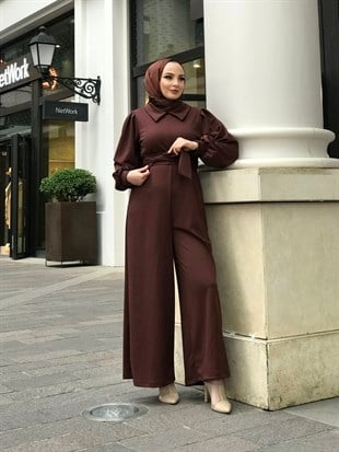 Gömlek Yaka Kuşaklı Tulum Kahverengi