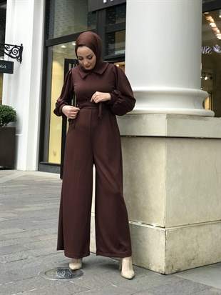 Gömlek Yaka Kuşaklı Tulum Kahverengi