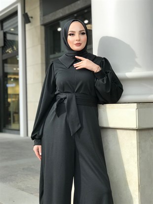 Gömlek Yaka Kuşaklı Tulum Siyah