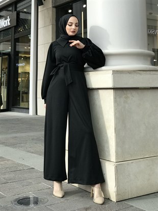 Gömlek Yaka Kuşaklı Tulum Siyah