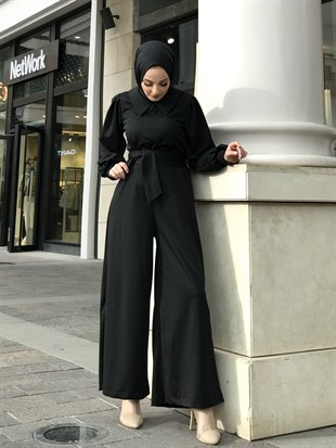 Gömlek Yaka Kuşaklı Tulum Siyah