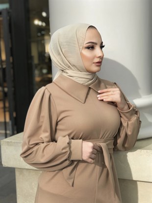 Gömlek Yaka Kuşaklı Tulum SütlüKahve