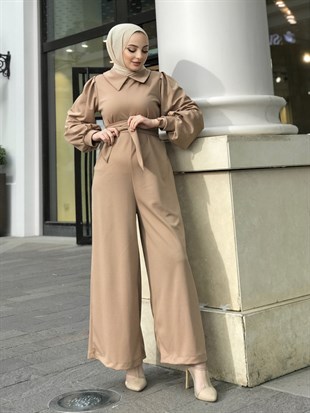 Gömlek Yaka Kuşaklı Tulum SütlüKahve