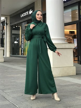 Gömlek Yaka Kuşaklı Tulum Zümrüt