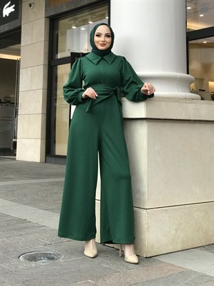 Gömlek Yaka Kuşaklı Tulum Zümrüt