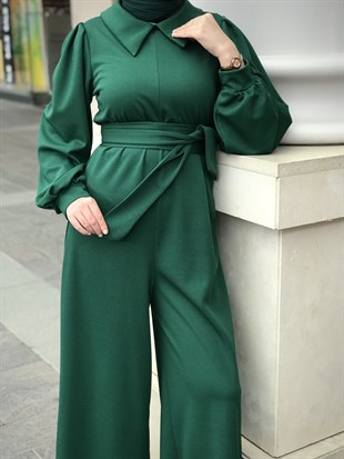 Gömlek Yaka Kuşaklı Tulum Zümrüt