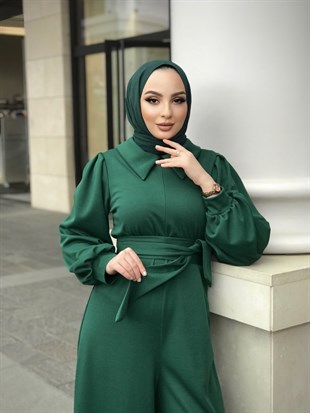 Gömlek Yaka Kuşaklı Tulum Zümrüt