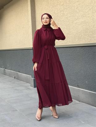 Gömlek Yaka Şifon Elbise Bordo