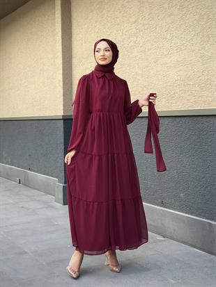 Gömlek Yaka Şifon Elbise Bordo