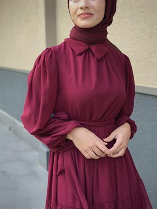 Gömlek Yaka Şifon Elbise Bordo