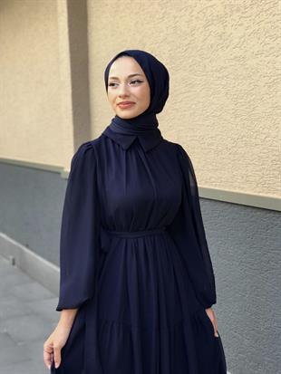 Gömlek Yaka Şifon Elbise Lacivert