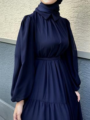 Gömlek Yaka Şifon Elbise Lacivert
