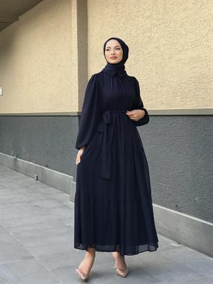 Gömlek Yaka Şifon Elbise Lacivert