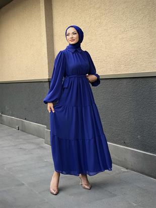 Gömlek Yaka Şifon Elbise Saks