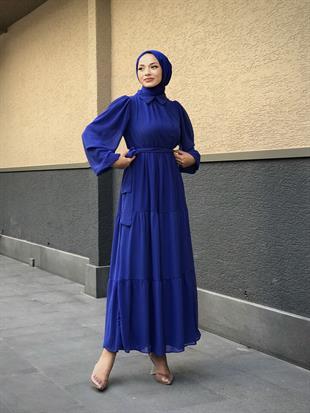 Gömlek Yaka Şifon Elbise Saks