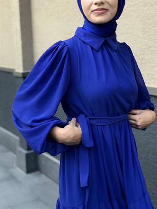 Gömlek Yaka Şifon Elbise Saks