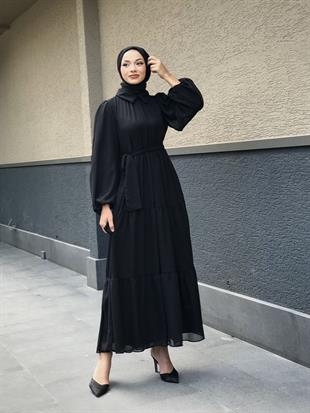 Gömlek Yaka Şifon Elbise Siyah