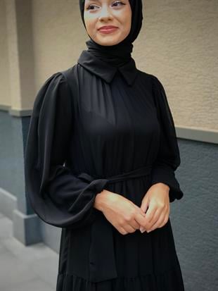 Gömlek Yaka Şifon Elbise Siyah