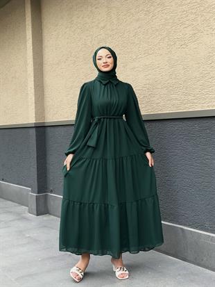 Gömlek Yaka Şifon Elbise Zümrüt