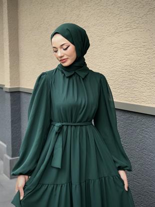 Gömlek Yaka Şifon Elbise Zümrüt