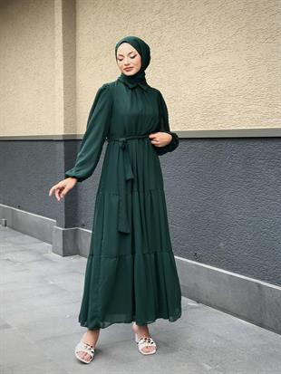 Gömlek Yaka Şifon Elbise Zümrüt