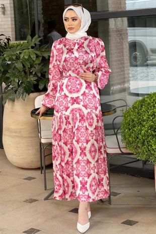 Gül Desenli Elbise Pembe
