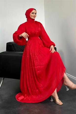 Hailey Janjan Kuşaklı Abiye Kırmızı
