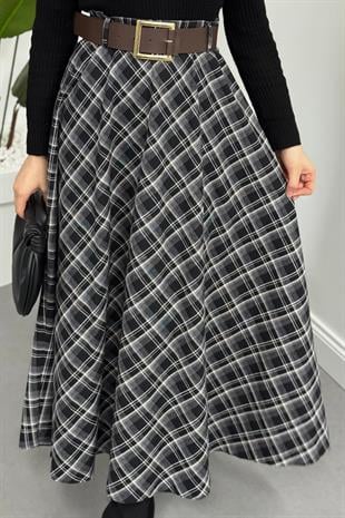Hare Kemerli Ekose Desen Etek Black