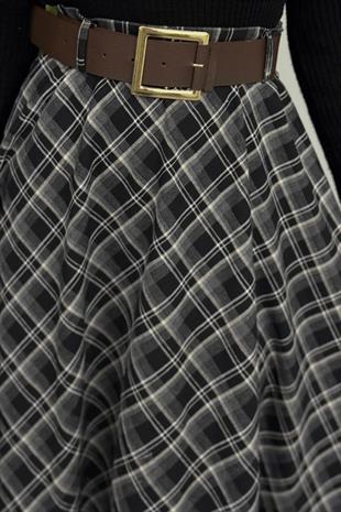 Hare Kemerli Ekose Desen Etek Black