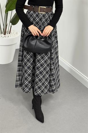 Hare Kemerli Ekose Desen Etek Black