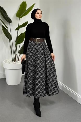 Hare Kemerli Ekose Desen Etek Black