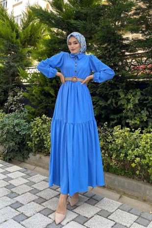 Hasır Kemerli Börümcük Elbise Mavi