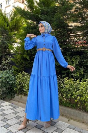 Hasır Kemerli Börümcük Elbise Mavi