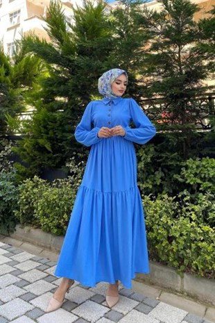 Hasır Kemerli Börümcük Elbise Mavi