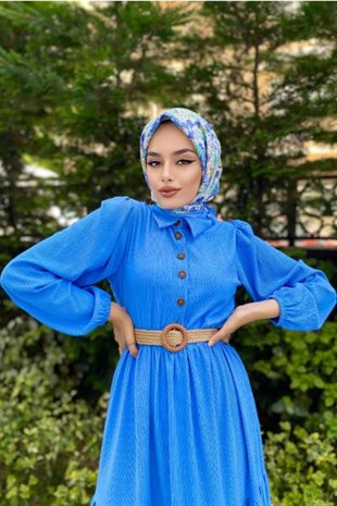 Hasır Kemerli Börümcük Elbise Mavi