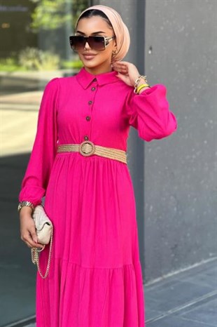 Hasır Kemerli Börümcük Elbise Pembe