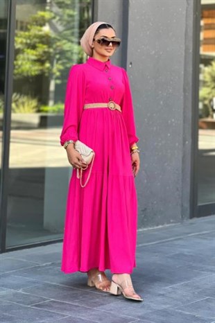Hasır Kemerli Börümcük Elbise Pembe