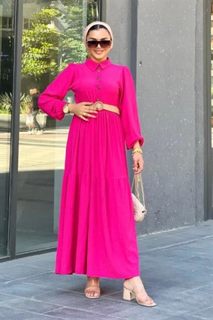 Hasır Kemerli Börümcük Elbise Pembe