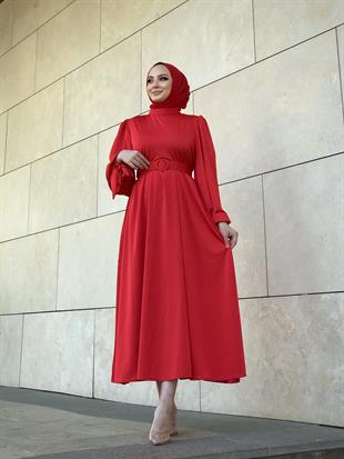 Havin Kemerli Elbise Kırmızı